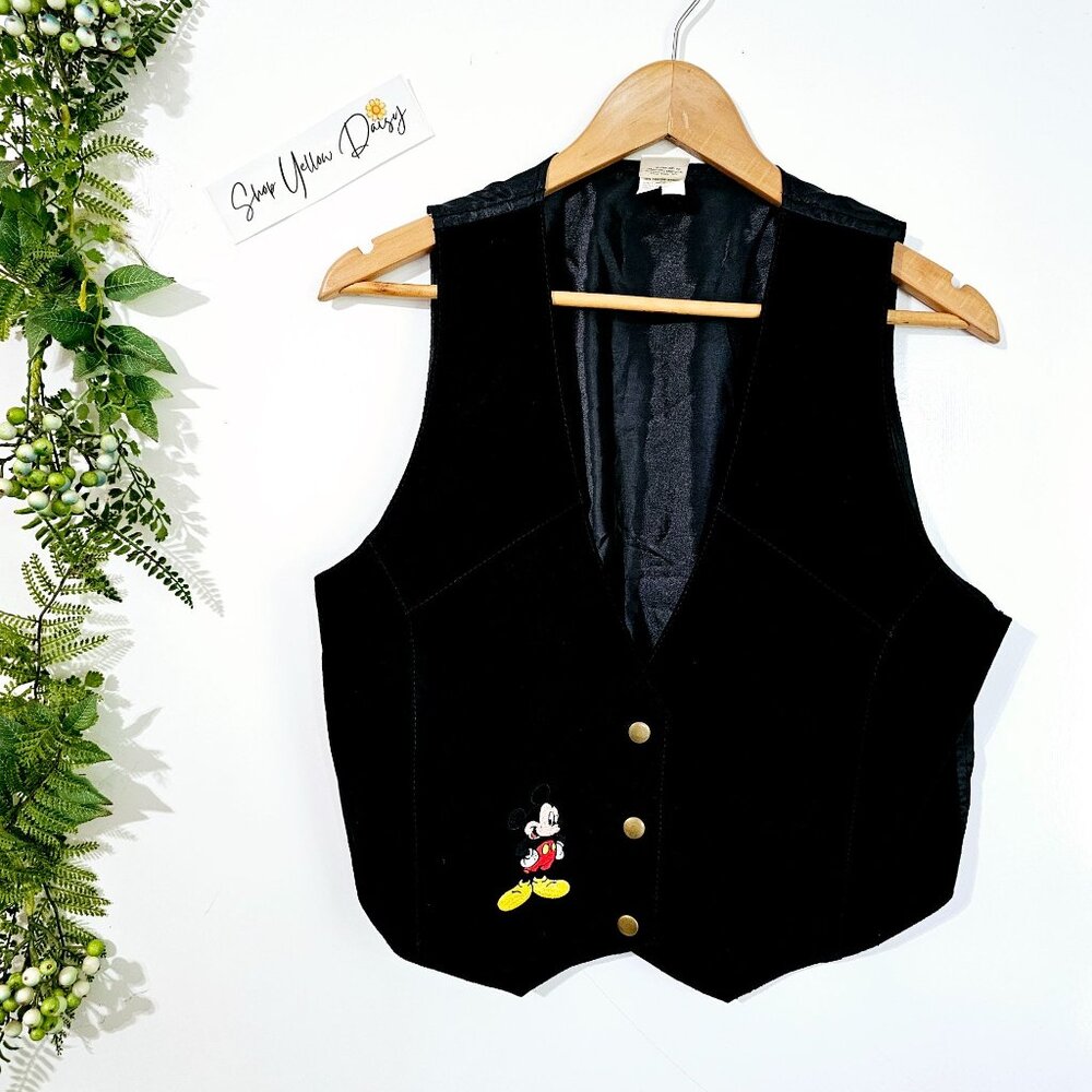 VIntage Disney‎ Embroidered Mickey Unlimited Black Suede Leather Vest M/L~V3.7
